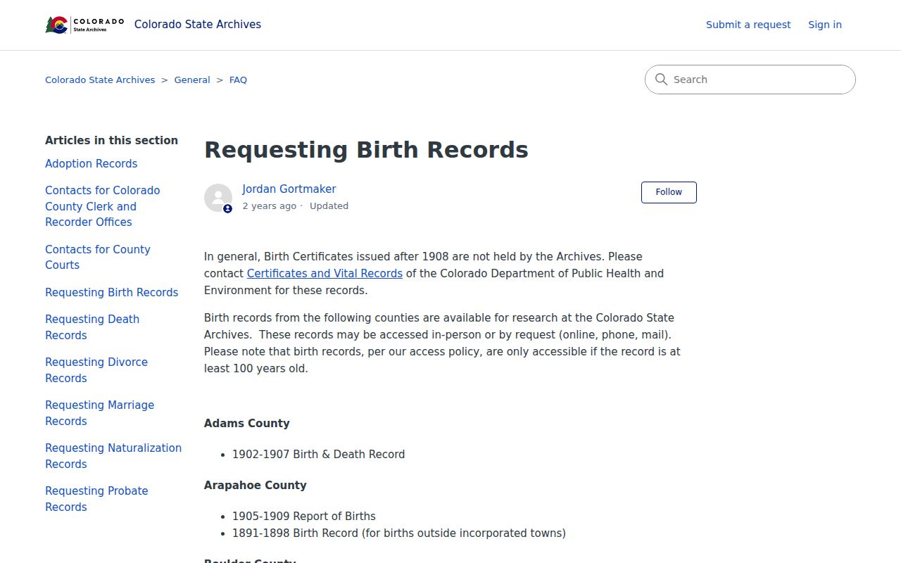 Thornton past residents Colorado State Archives birth-record request