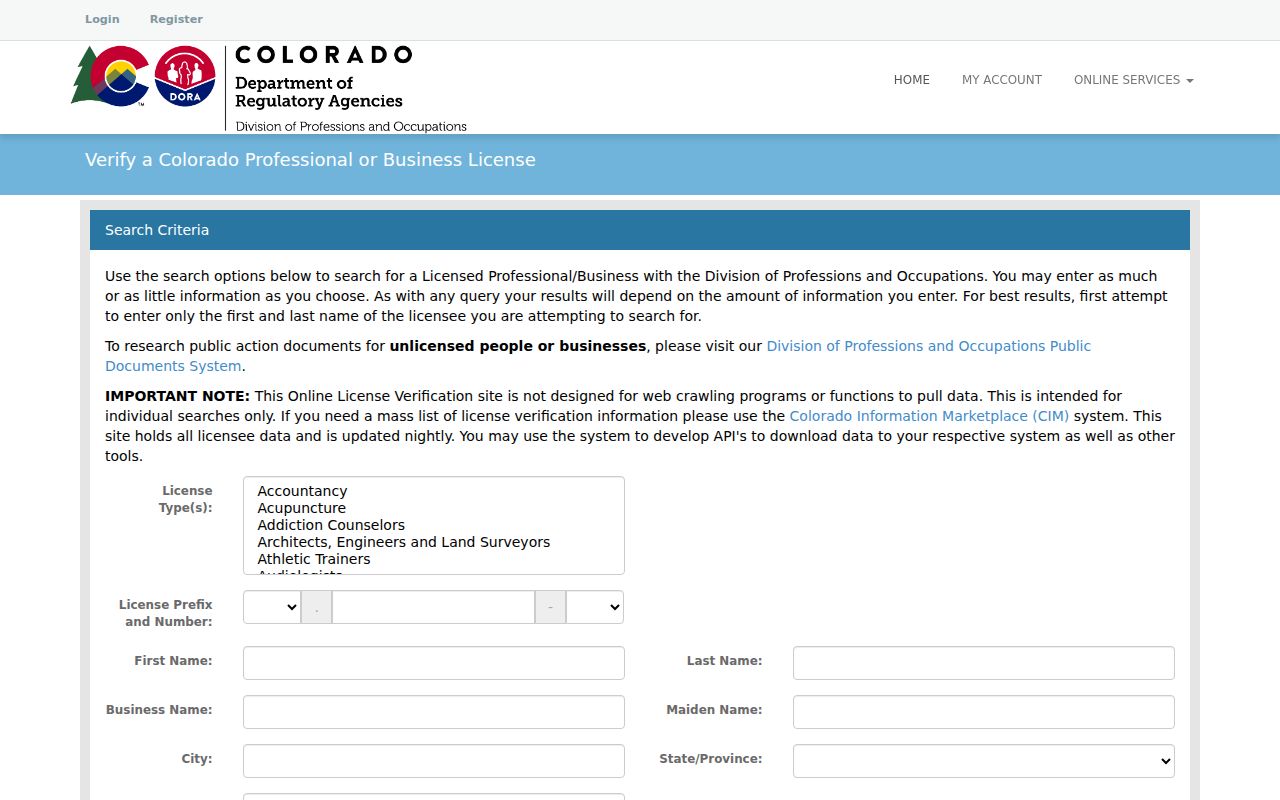 Thornton resident lookup Colorado DORA license search fields