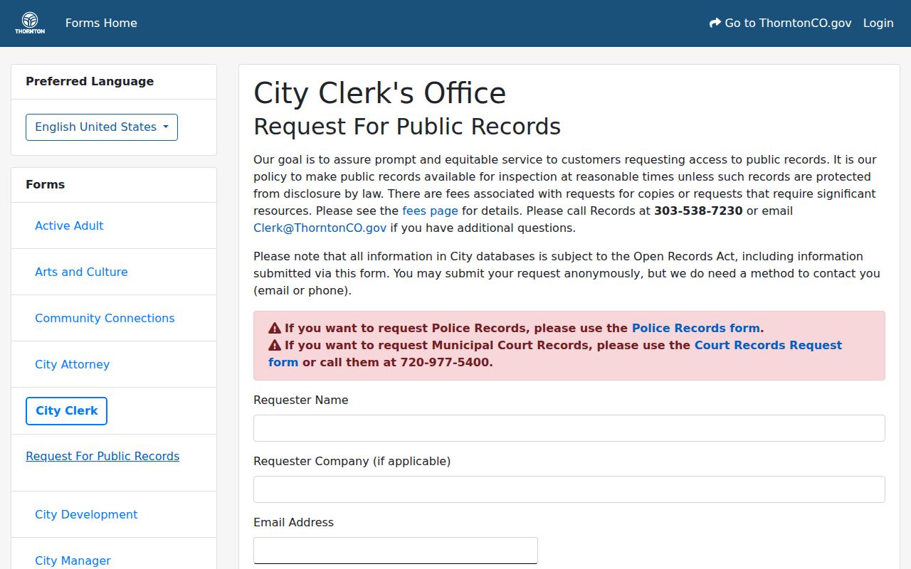 Thornton resident lookup City Clerk public-record request fields