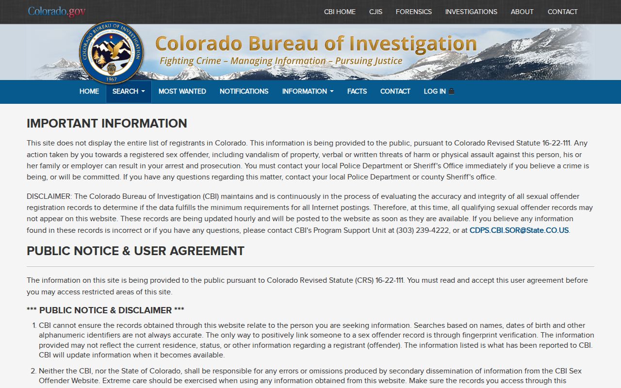 Thornton resident lookup Colorado offender registry user agreement