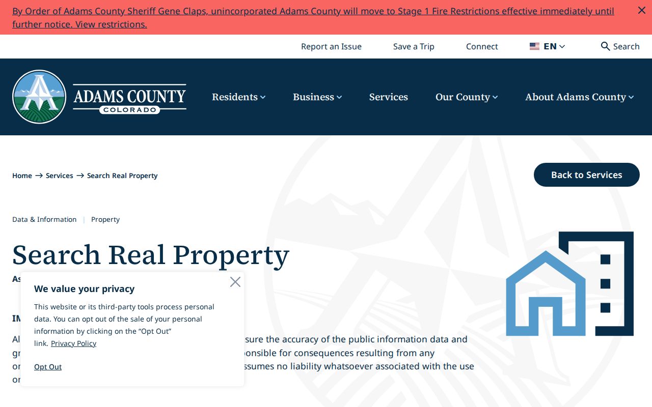 Thornton street directory Adams County real property search instructions