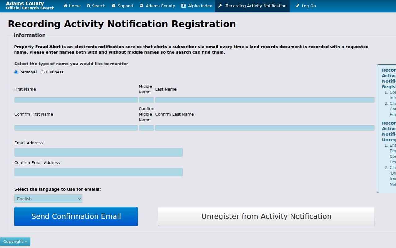 Thornton street directory Adams recording fraud alert name and business fields